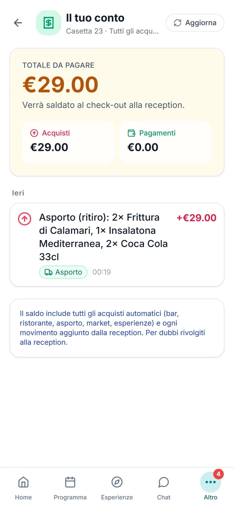 Cuenta de la estancia en la app con el total pendiente y el pedido para llevar recién recogido