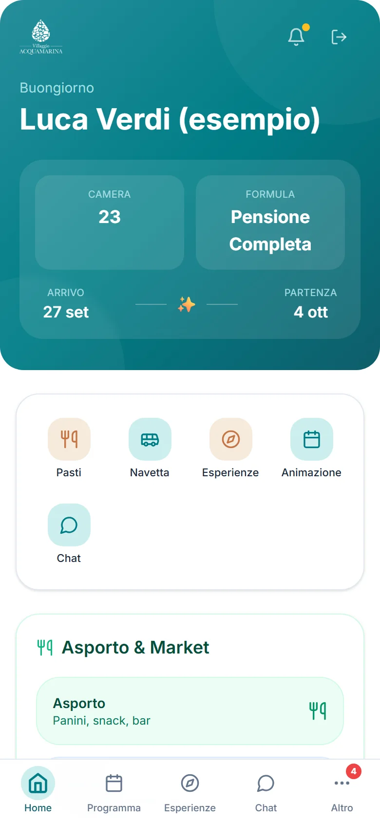 Inicio de la app del huésped con habitación, régimen, fechas y accesos a comidas, traslado, experiencias y comida para llevar
