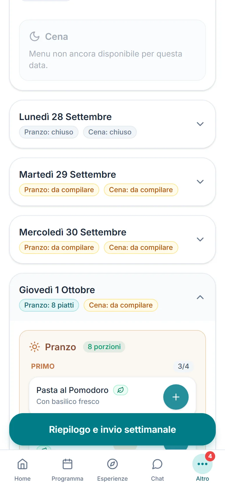 Elección de platos de media pensión día a día en la app del huésped