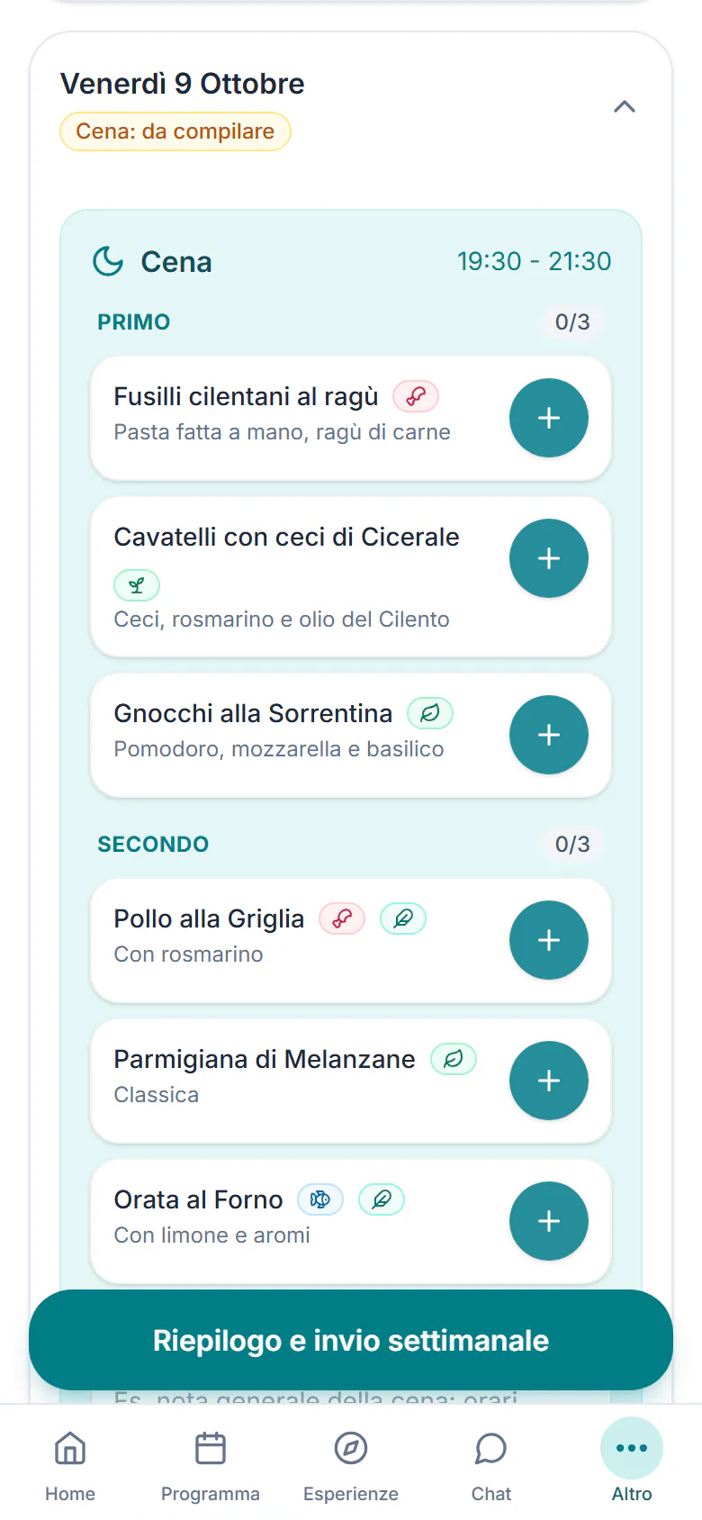 Scelta della cena nell'app ospite del Villaggio Acquamarina: primi e secondi del giorno, ciascuno con il pulsante per aggiungerlo, dati dimostrativi