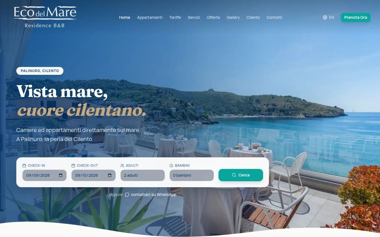 Homepage di Eco del Mare con presentazione del residence, date del soggiorno e numero di ospiti