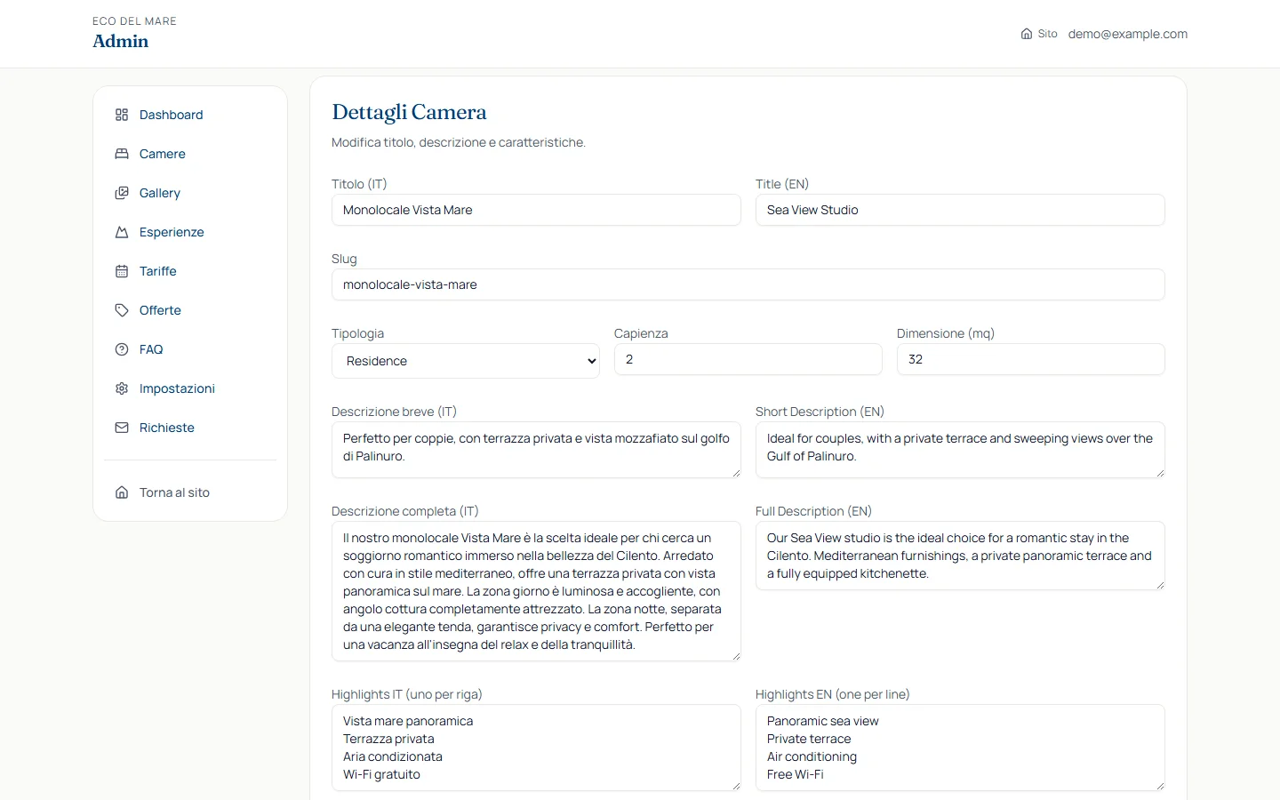 Accommodation edit form with Italian fields on the left and English fields on the right