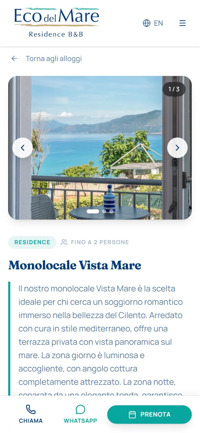Accommodation page on a smartphone with photos, capacity and a bar to call, message on WhatsApp or book