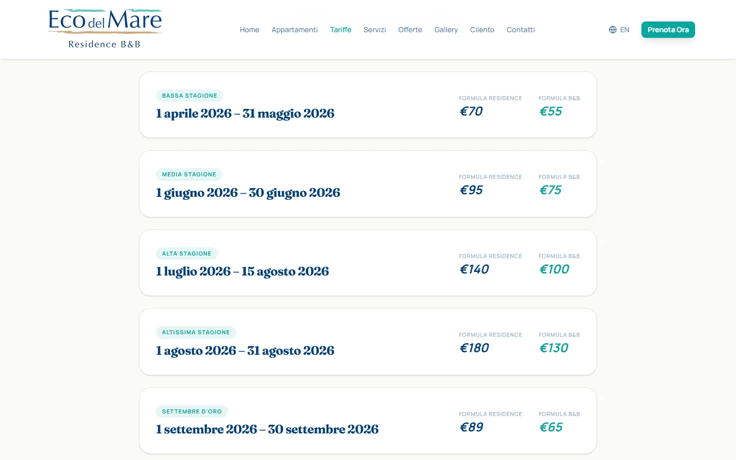 Website Rates page showing the updated seasonal price