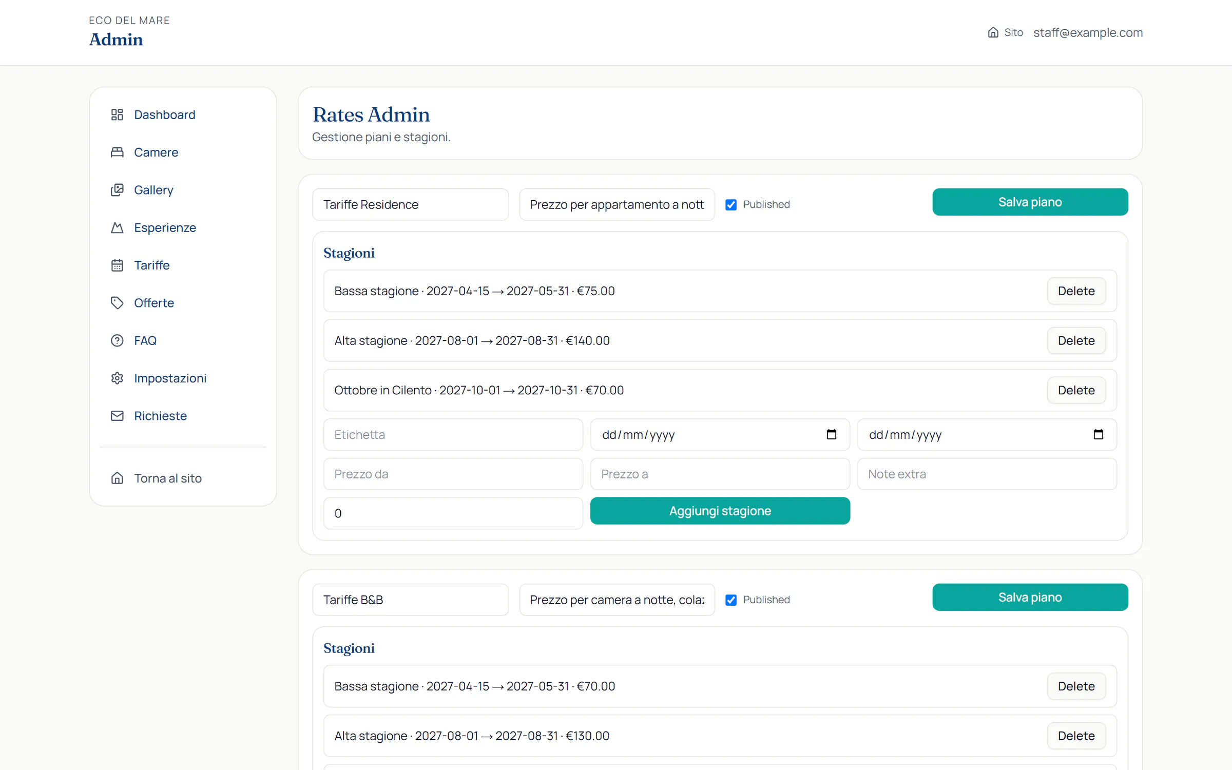 Panel de tarifas de Eco del Mare: los planes de apartamentos y B&B con sus temporadas, fechas y precios, y el formulario para añadir una temporada, datos de ejemplo