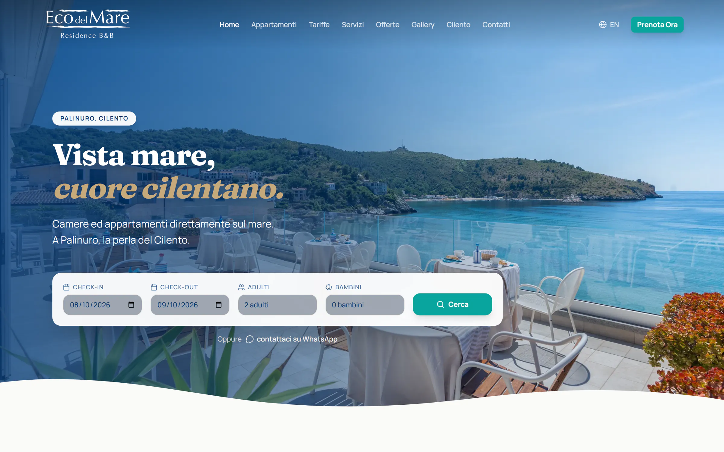 Home page of the Eco del Mare website with the terrace over the sea at Palinuro and the form to search dates and guests
