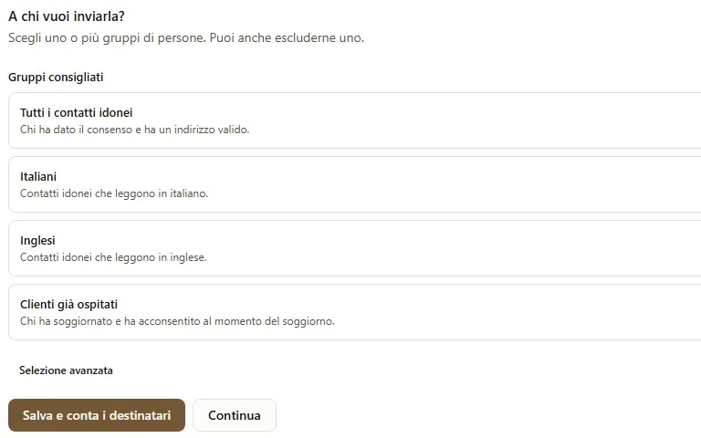 Scelta dei destinatari di un'email agli ospiti di Hotel La Torre, con i gruppi basati sul consenso e il conteggio, dati di esempio