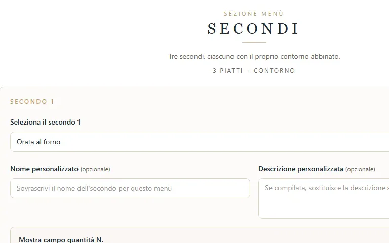 Composizione del menù del giorno nel gestionale di Hotel La Torre, con i secondi e il contorno abbinato a ciascuno, dati di esempio