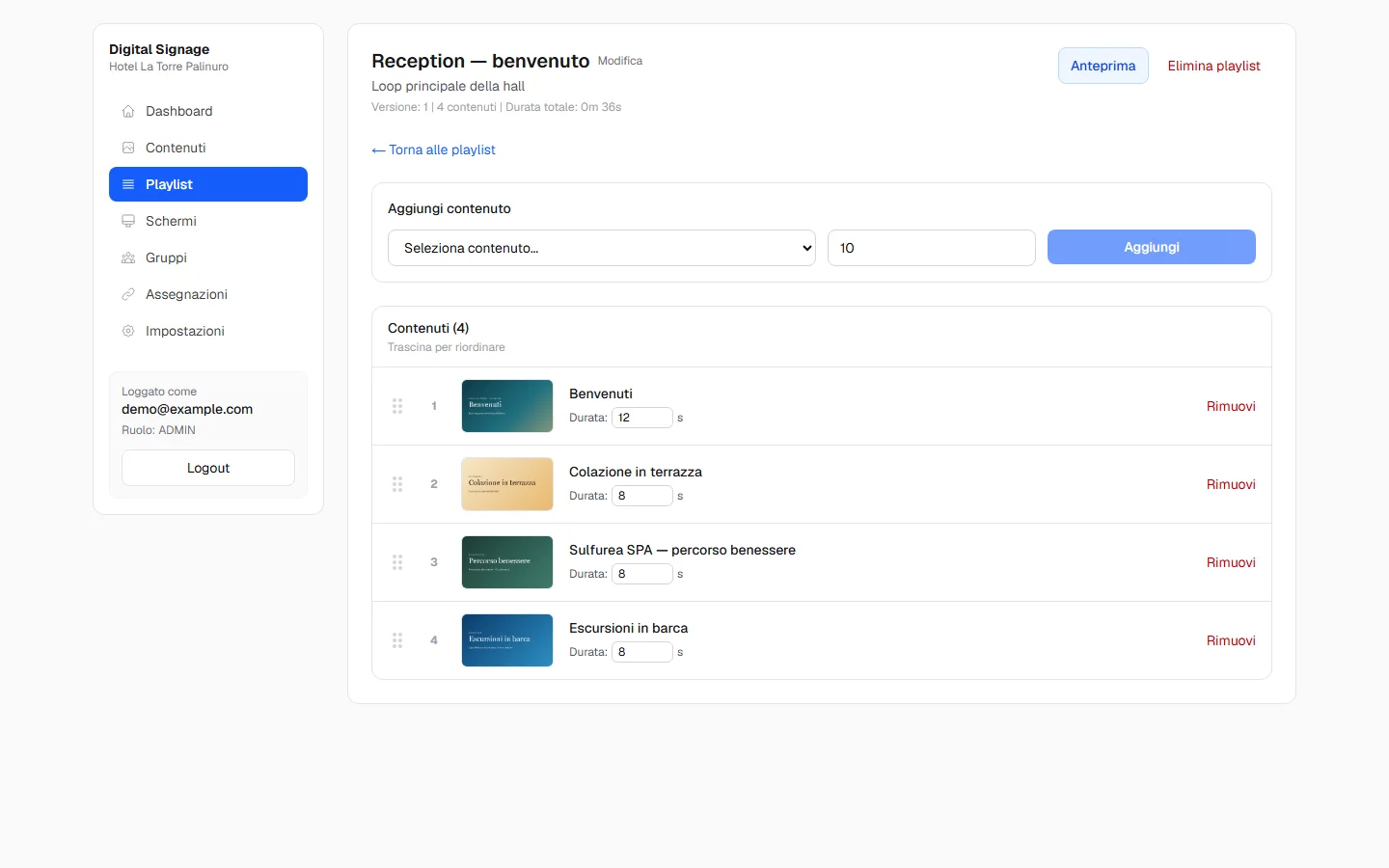 Editor della playlist della reception con quattro contenuti e la durata di ciascuno