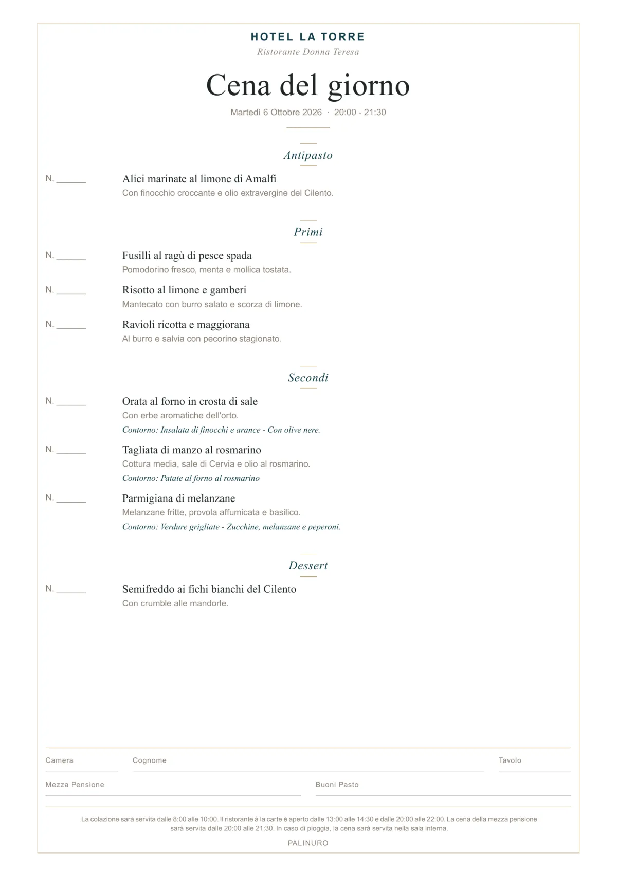 Menú «Cena del giorno» del Hotel La Torre impreso por el generador: fecha, horario y los primeros platos, datos de ejemplo
