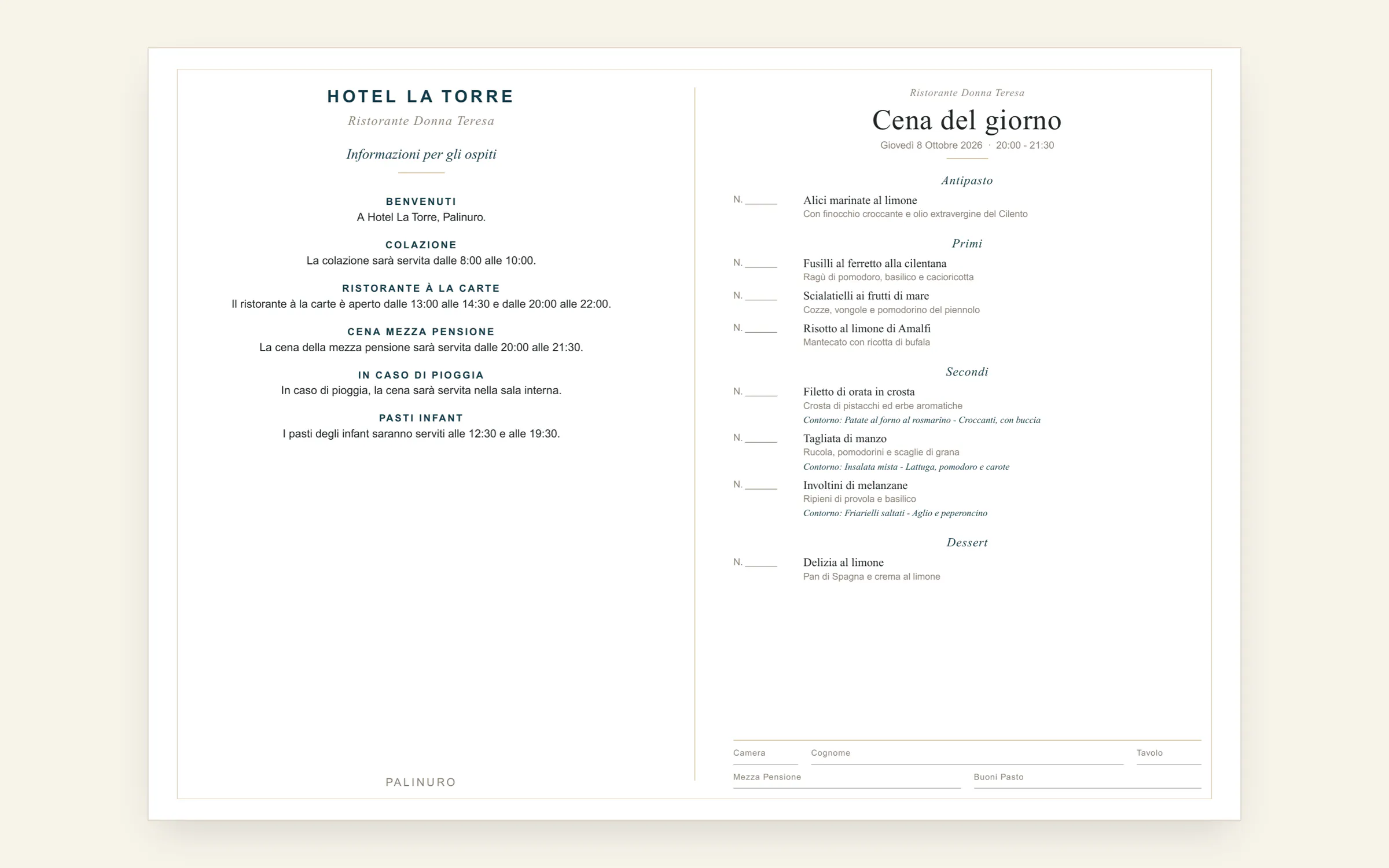 El PDF generado del menú del Hotel La Torre, A4 horizontal: la información para los huéspedes y la «Cena del giorno» con la línea de cantidades junto a cada plato, datos de ejemplo