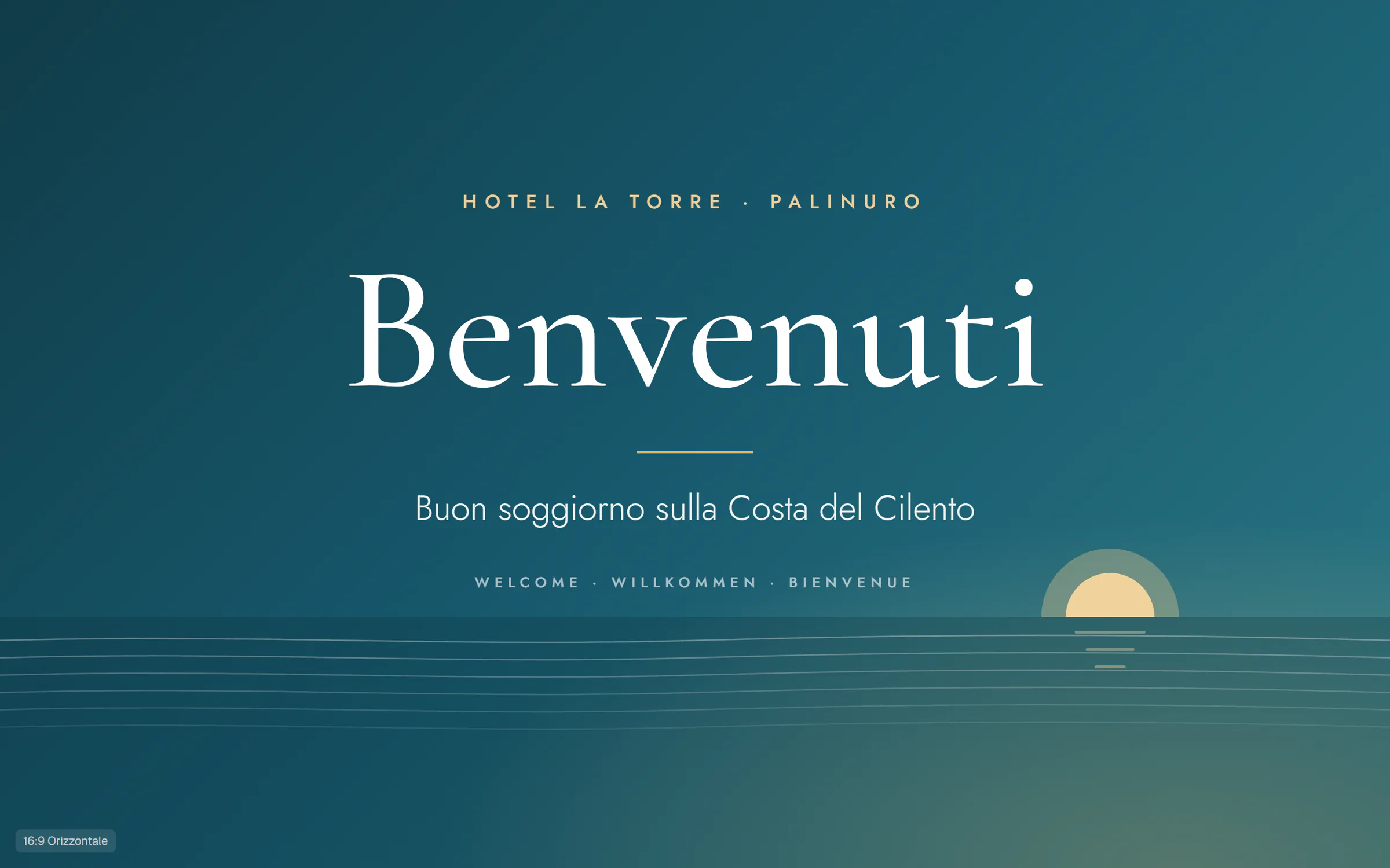 Preview of Hotel La Torre's hall TV: the welcome screen «Benvenuti, buon soggiorno sulla Costa del Cilento» over the sea at sunset, sample data