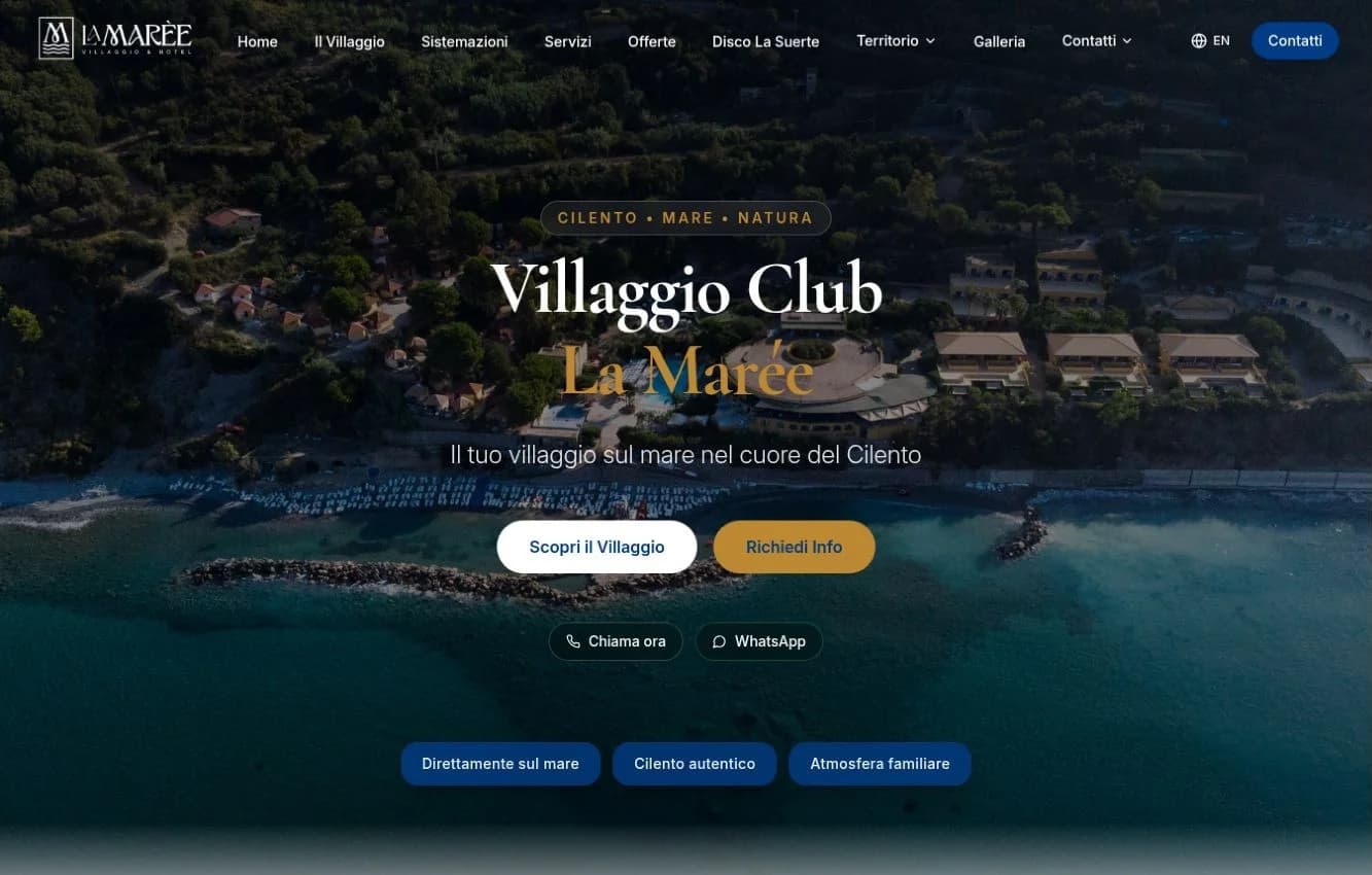 Villaggio Club La Marèe homepage with an aerial sea view and buttons to discover the village or request information
