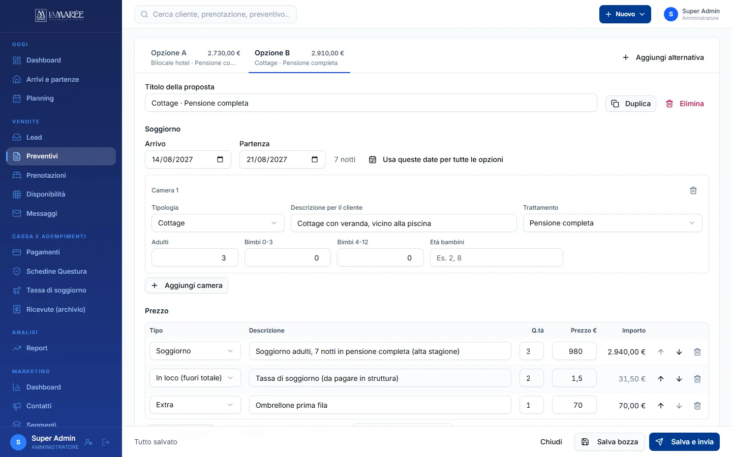 Quote editor with two options, stay dates, accommodation, board and price lines