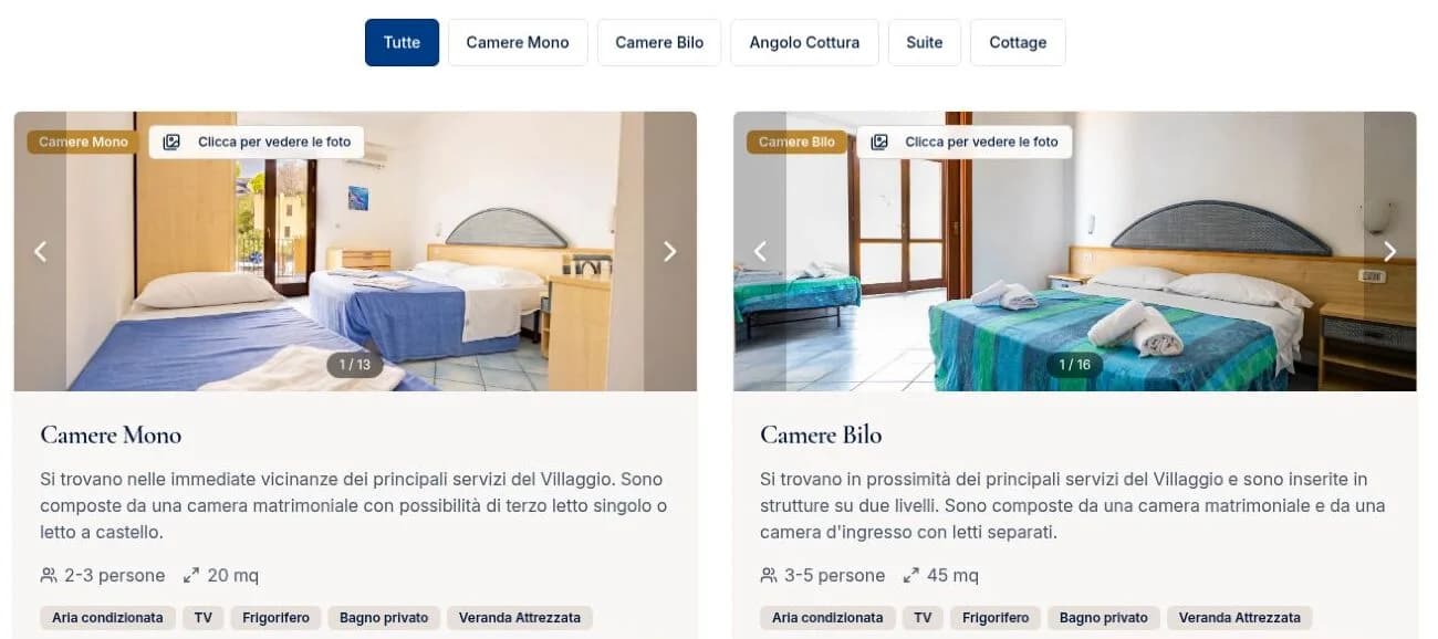 Accommodation cards with photos, capacity, size and amenities