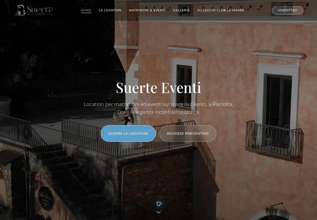 Homepage di Suerte Eventi con presentazione della location e pulsanti per esplorarla o richiedere un preventivo