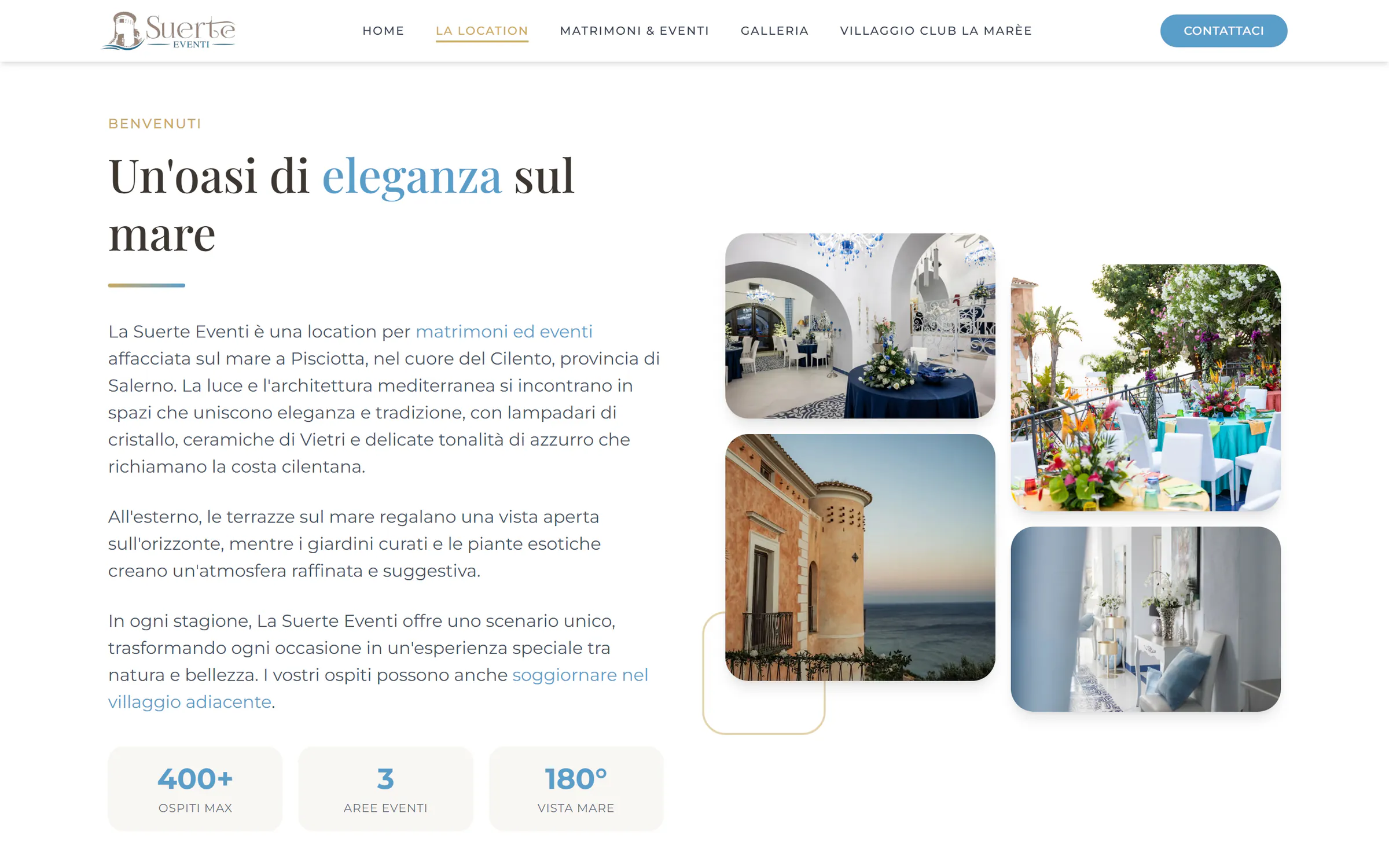 The «La Location» page of the Suerte Eventi website: the text «Un'oasi di eleganza sul mare» (an oasis of elegance by the sea), four photos of the hall, the terraces and the tower and the boxes with guests, areas and sea view