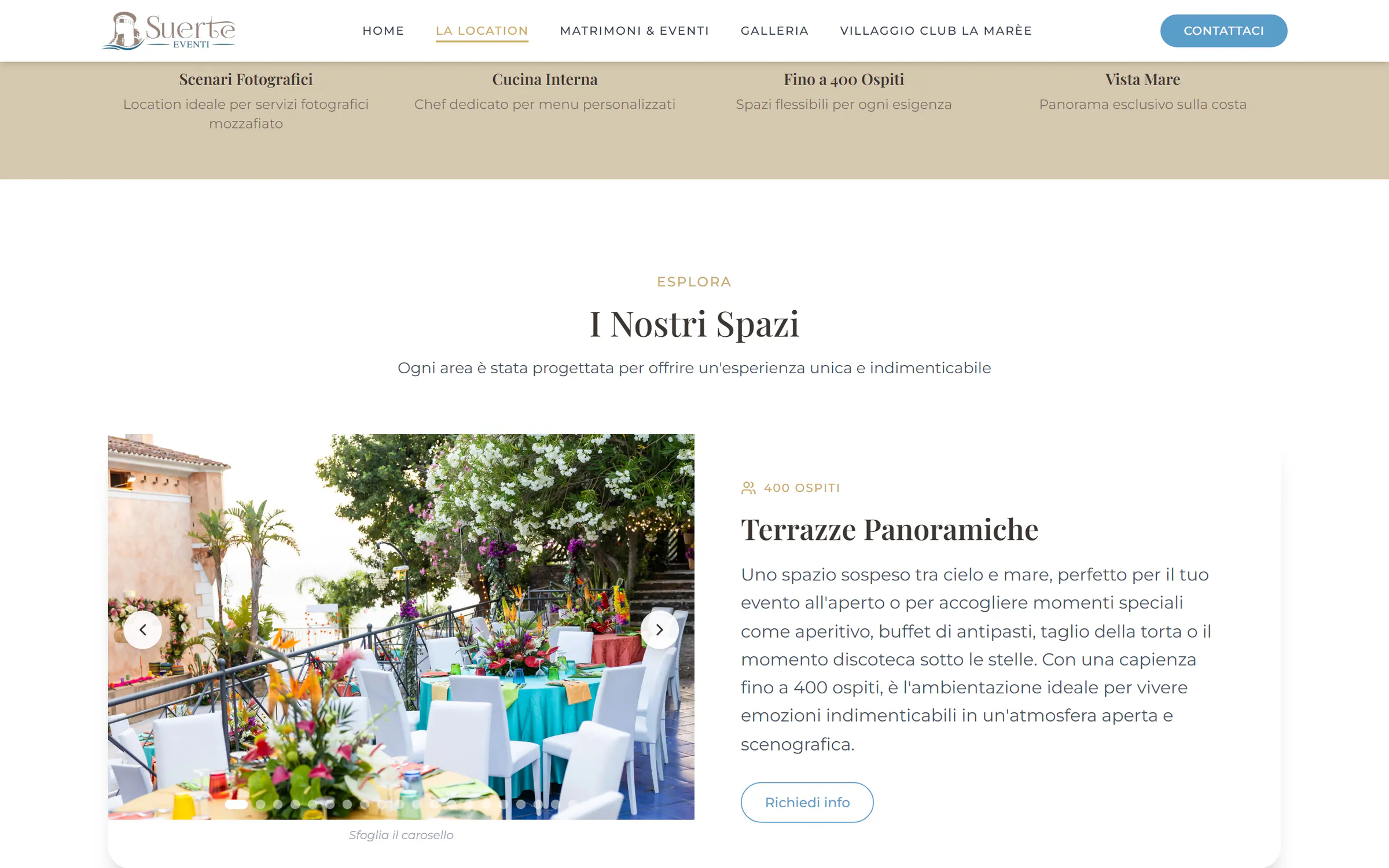 La sezione «I Nostri Spazi» del sito di Suerte Eventi: la foto delle Terrazze Panoramiche apparecchiate tra i fiori, fino a 400 ospiti, il testo e il pulsante «Richiedi info»