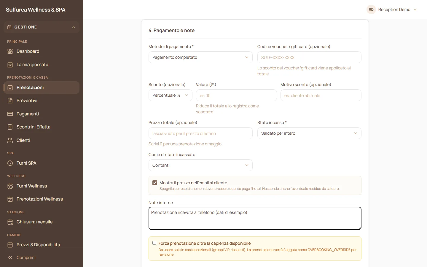 Form for a booking taken at reception with payment method, payment status and internal notes
