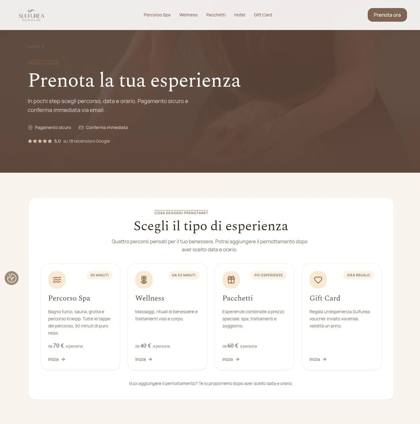 Sulfurea Spa booking page with the Spa Circuit, Wellness, Packages and Gift Card options