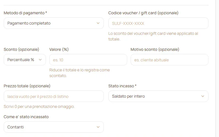 Booking taken at reception in Sulfurea Spa's custom software: payment method, discount, price and payment status, sample data