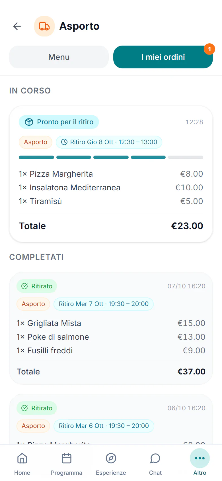 Ordine da asporto «Pronto per il ritiro» nell'app ospiti, con la fascia di ritiro, i piatti e il totale, e sotto gli ordini già ritirati, dati dimostrativi