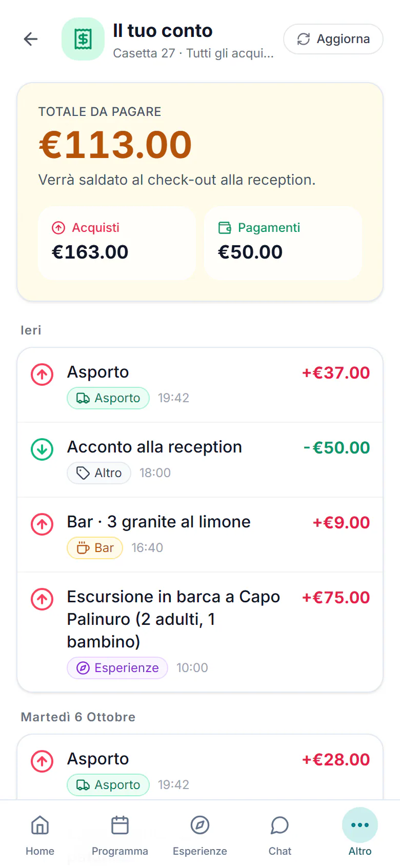 Conto del soggiorno nell'app ospiti: il totale da pagare al check-out, acquisti e pagamenti, e ogni addebito con il reparto da cui arriva, dati dimostrativi