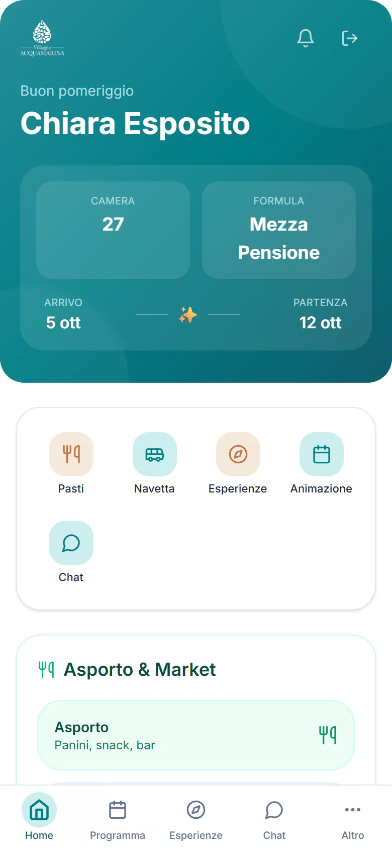 Home dell'app ospiti del Villaggio Acquamarina su smartphone: il nome dell'ospite, la camera, la mezza pensione, le date del soggiorno e gli accessi a pasti, navetta, esperienze, animazione e chat