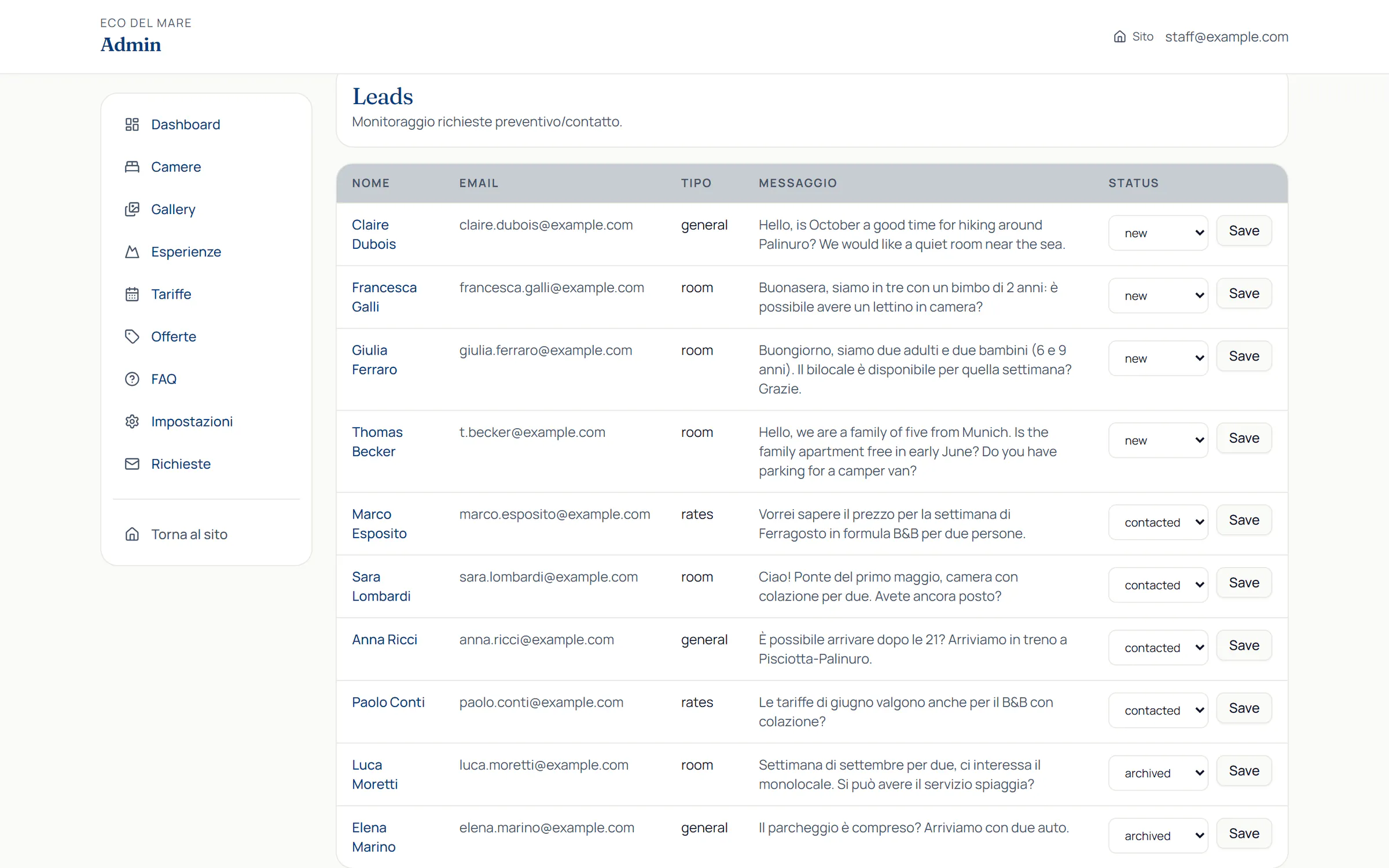 Enquiries from the website in Eco del Mare's panel: name, email, type of enquiry, message in Italian or English and the status of each, sample data