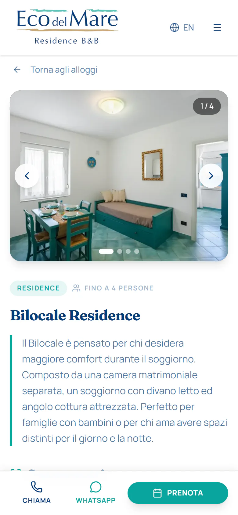 The Bilocale Residence page of the Eco del Mare website on a smartphone: a photo of the living room with the sofa bed, up to 4 guests, the description and the bar to call, message on WhatsApp or book