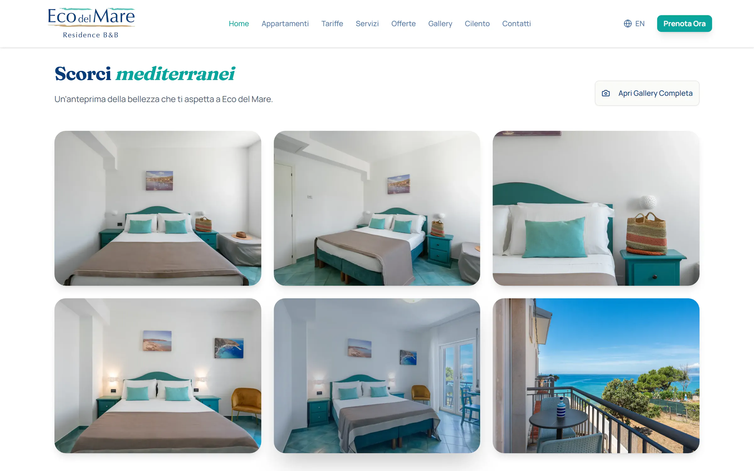 The «Scorci mediterranei» section of the Eco del Mare website: six photos of the rooms and of the balcony over the sea, with the button to open the full gallery