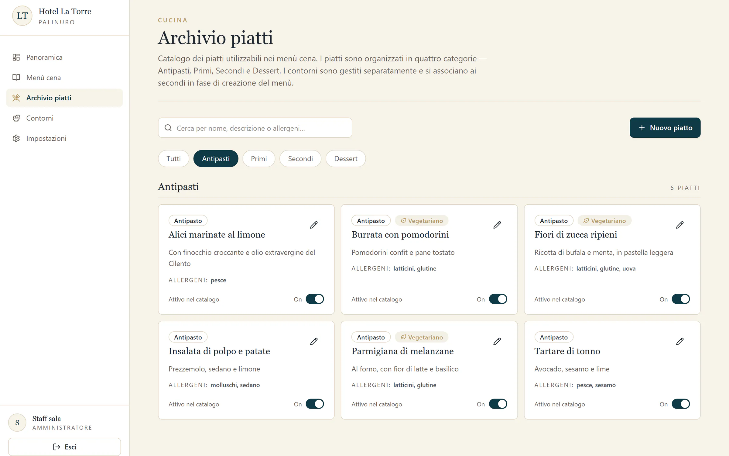El archivo de platos del generador de menús del Hotel La Torre: los entrantes, cada uno con su descripción, alérgenos y la indicación vegetariana, datos de ejemplo