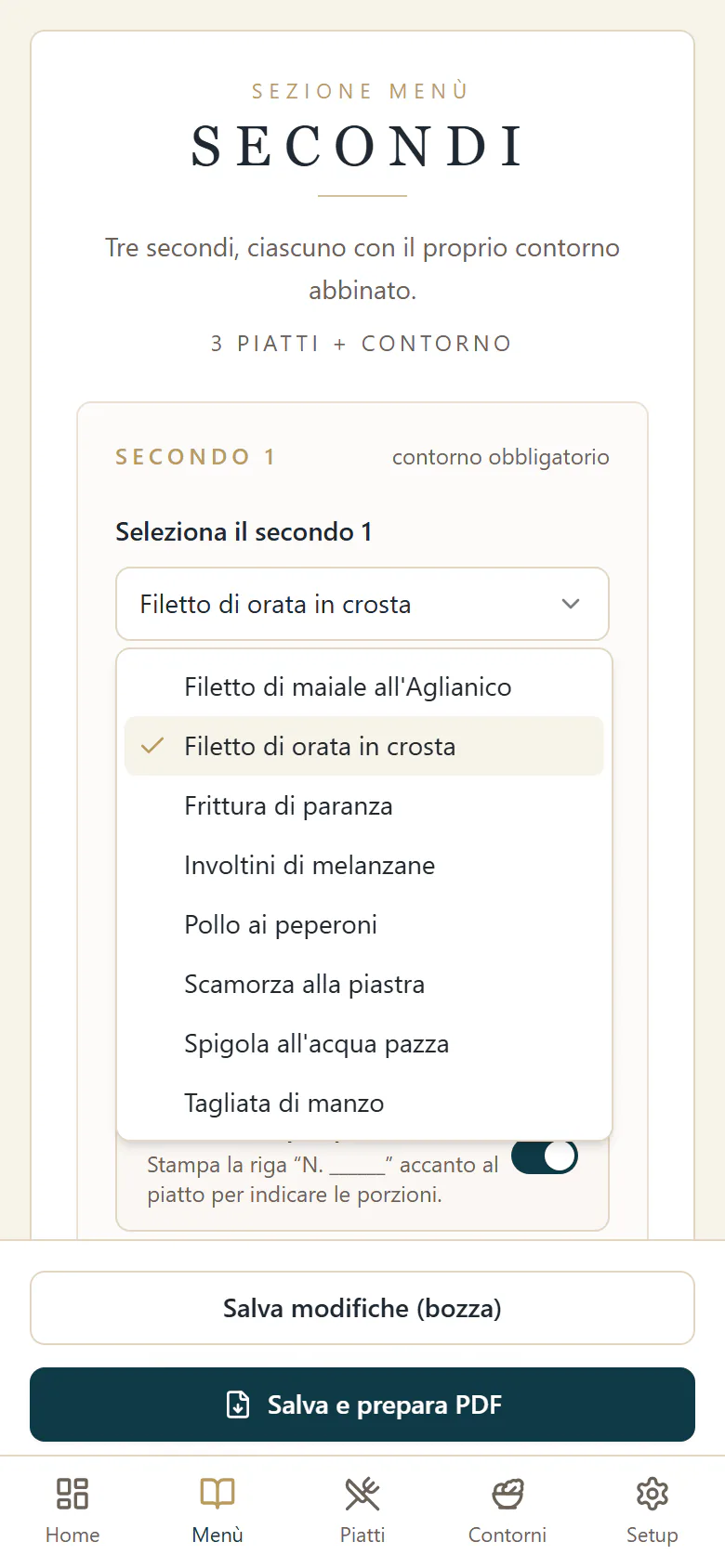Composición del menú en un smartphone: la sección Secondi (segundos), con la guarnición obligatoria y la elección del plato desde el archivo, datos de ejemplo