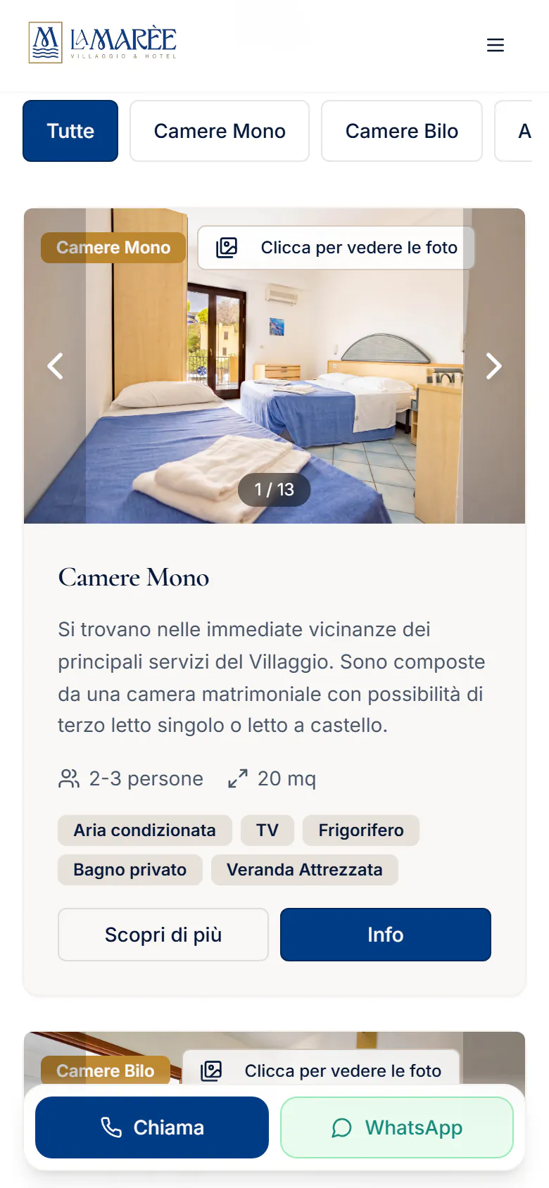 The Accommodation page of lamaree.net on a smartphone: the type filters and the Camere Mono card with photos, description, 2-3 guests, 20 m², the amenities and the «Scopri di più» (more) and «Info» buttons