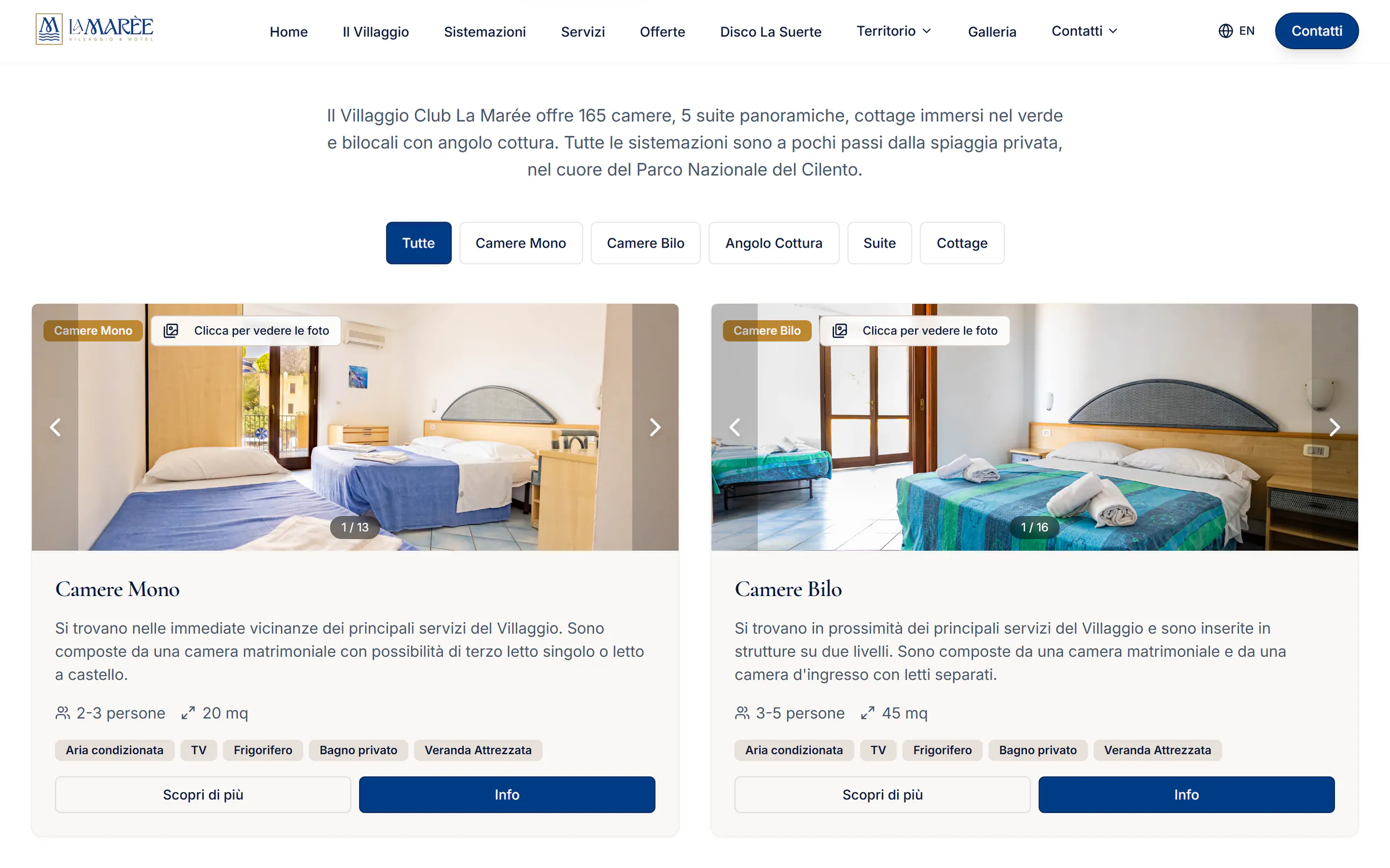 The Accommodation page of lamaree.net: the type filters and the accommodation cards with photos, guests, size and amenities
