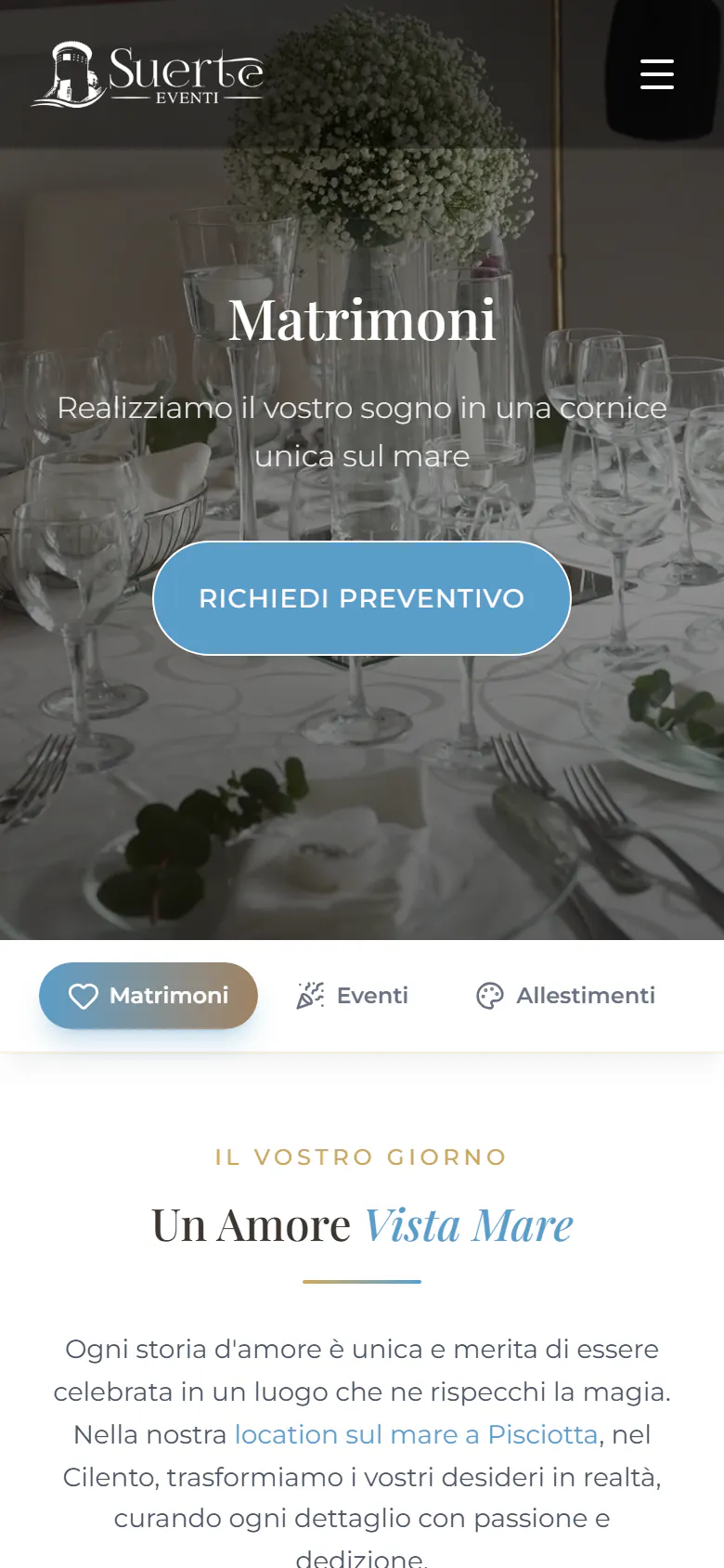 Página «Matrimoni» (bodas) de la web de Suerte Eventi en un smartphone: una mesa puesta, el botón «Richiedi preventivo» (pedir presupuesto) y, debajo, las pestañas Bodas, Eventos y Montajes
