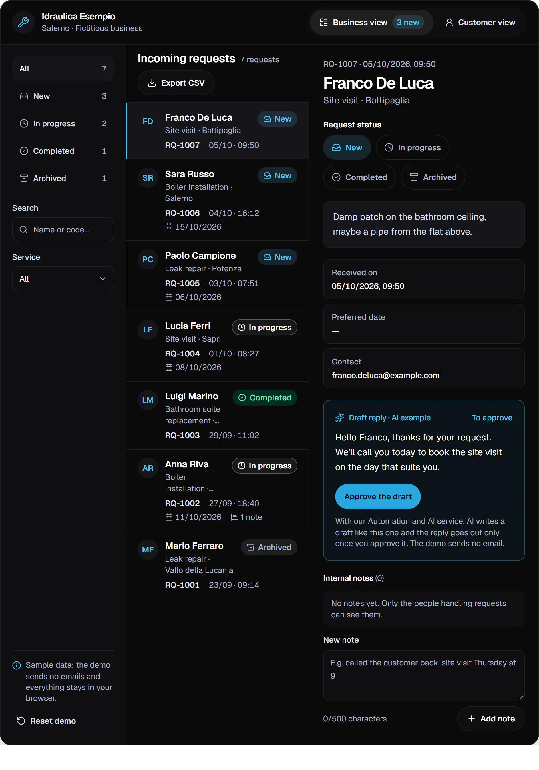 Business view of the request panel: the list of sample requests with code, customer, service, town and status