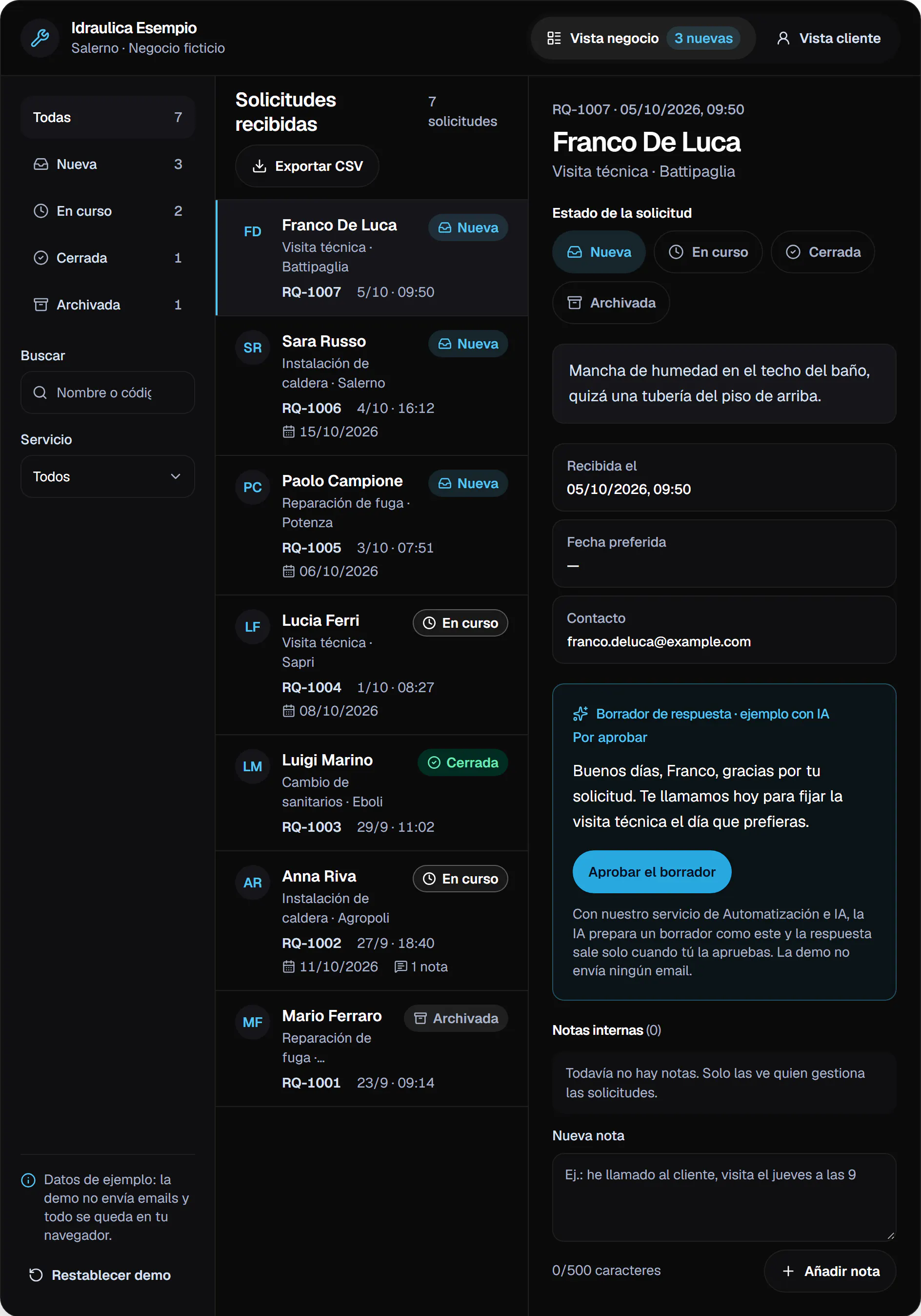 Vista negocio del panel de solicitudes: la lista de solicitudes de ejemplo con código, cliente, servicio, municipio y estado